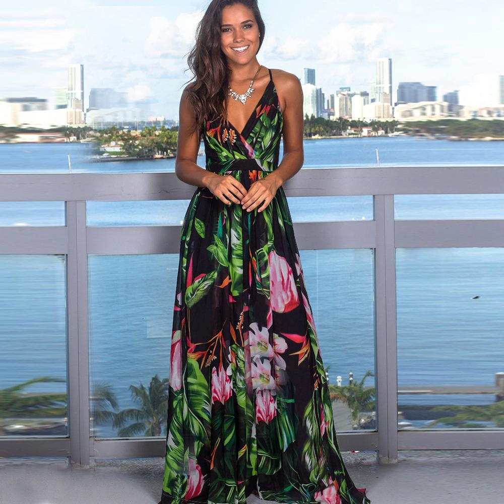 Elegant Long Sexy Beach Dress Women New High Waist Sleeveless V Neck D