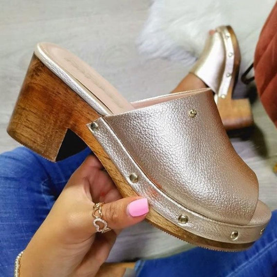 Woman's Slippers Square Heel Platform Low On Wedge Shoes