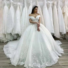 Appliques Lace-up Off Shoulder Ball Gown Luxury Beaded Princess Wedding Dress