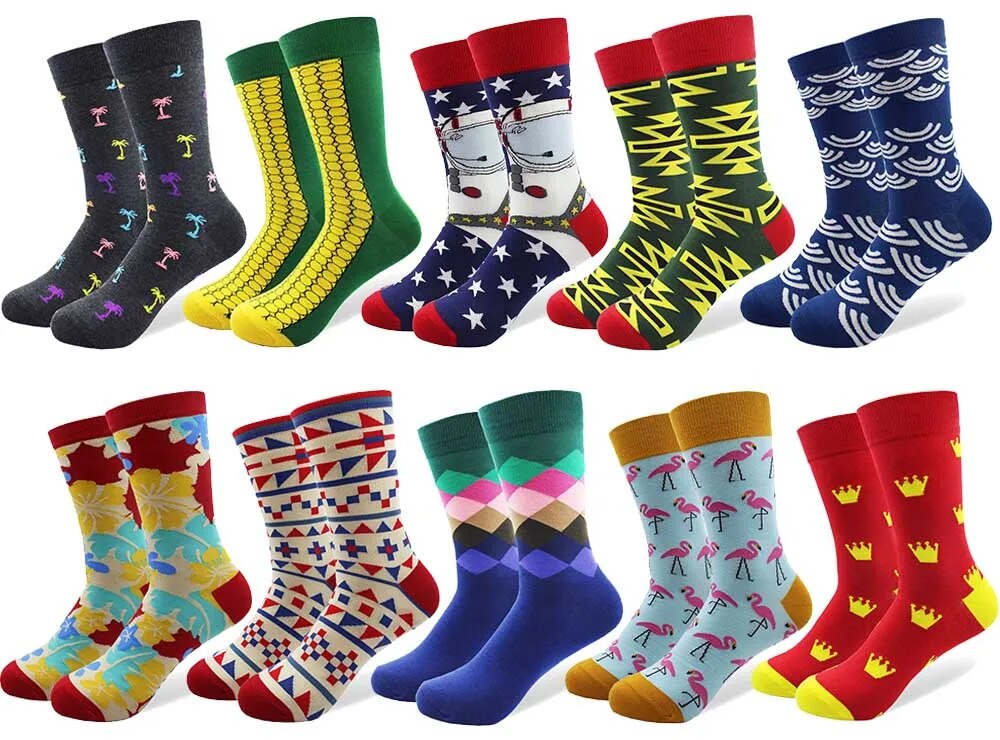 Ten Pair lot Funny Pattern Bright Colorful Men Happy Socks - Acapparelstore