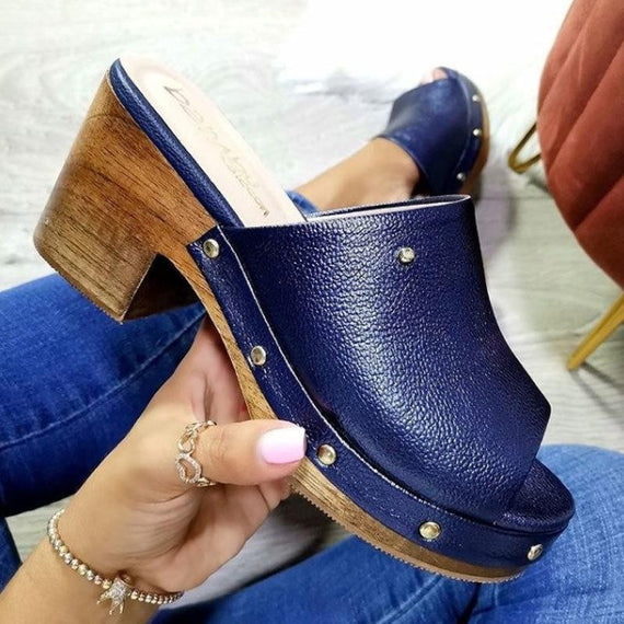 Woman's Slippers Square Heel Platform Low On Wedge Shoes