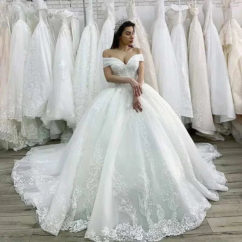 Appliques Lace up Off Shoulder Ball Gown Luxury Beaded Princess Wedding Dress