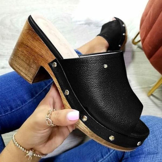 Woman's Slippers Square Heel Platform Low On Wedge Shoes