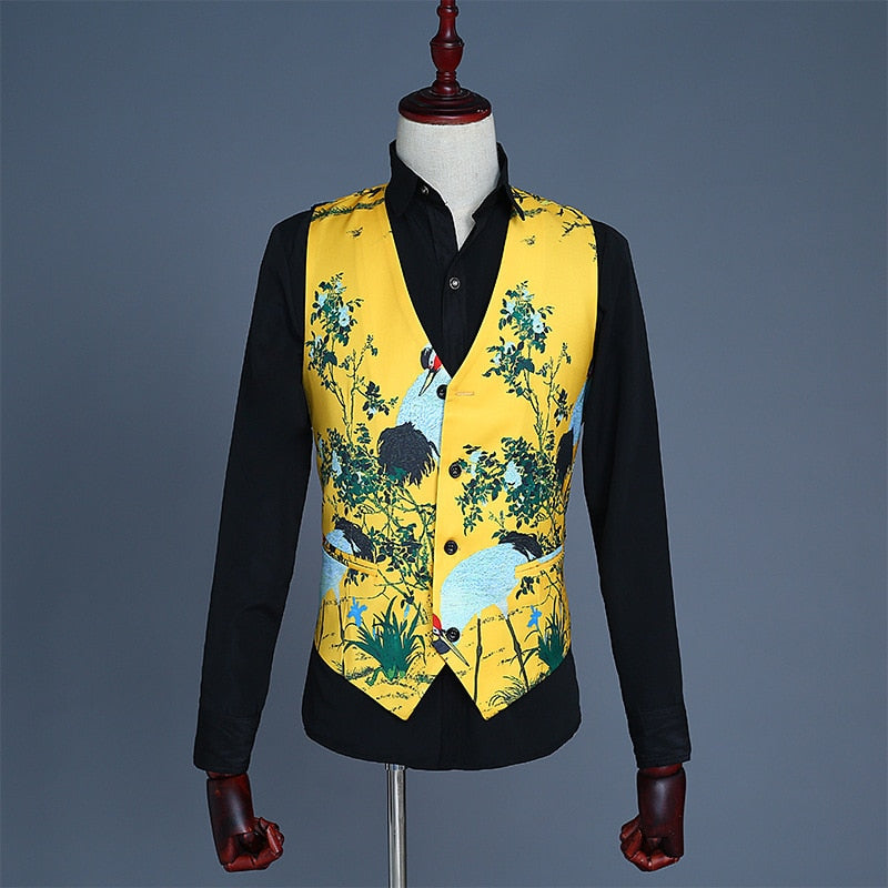 Fashion New Men's Leisure Boutique Printed Flower Slim Suit