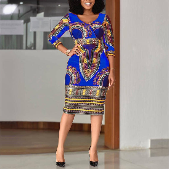 African Ladies Dresses Elegant Wrist High Waist V Neck Vintage Working Dress