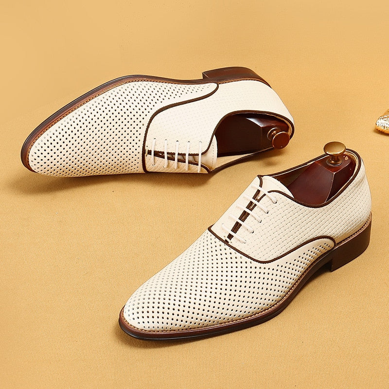 Men's Genuine Leather Oxfords Shoes White Carving Formal Luxury Shoes