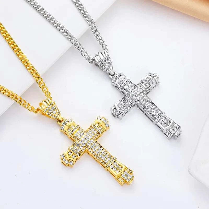 Stainless Steel Cross Pendant Necklaces Classical Sparkling 24K Gold-Plated