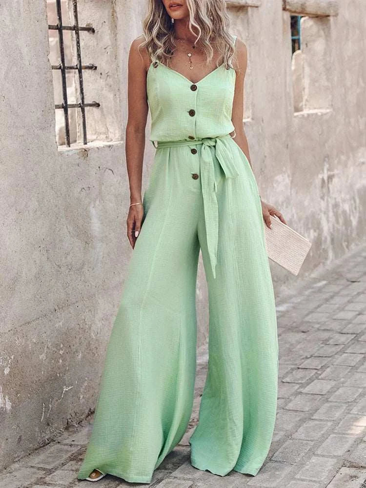 Buttoned Sleeveless Tied Detail Jumpsuit