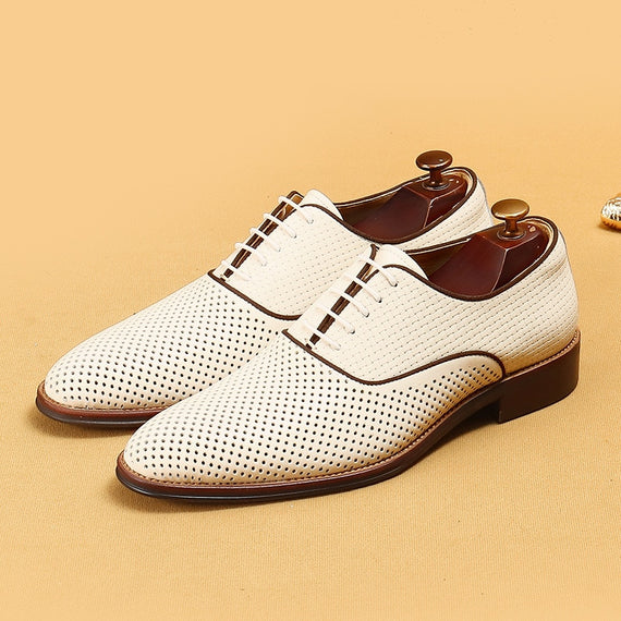 Men's Genuine Leather Oxfords Shoes White Carving Formal Luxury Shoes