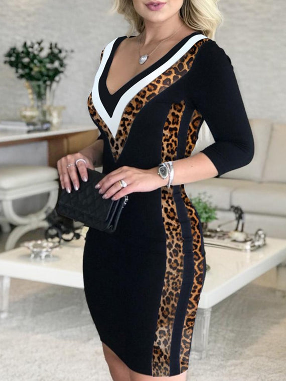 Contrast Striped Color Tape Bodycon Dress Women Sexy V Neck Dress