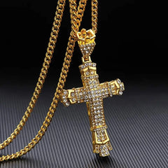 Stainless Steel Cross Pendant Necklaces Classical Sparkling 24K Gold-Plated