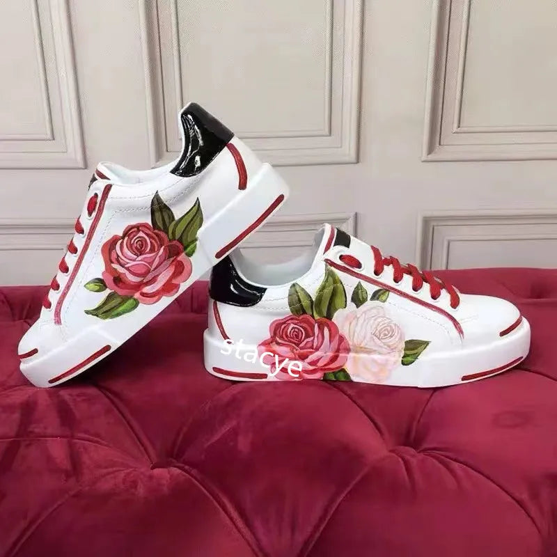 Women's Flats Casual Shoes White Sports Shoes Rose Flowers Appliques