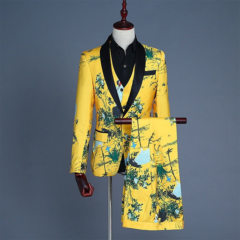 Fashion New Men's Leisure Boutique Printed Flower Slim Suit
