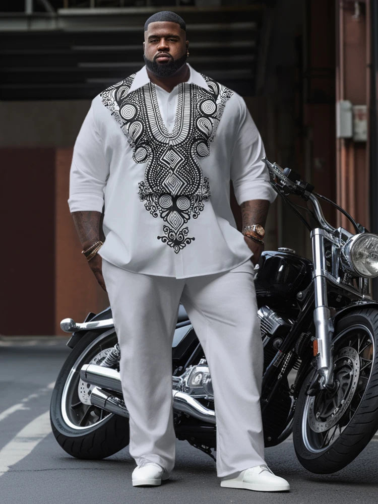 Size Men'Plus Size Men's Retro Totem Long-Sleeved Shirt Straight Pants Suit