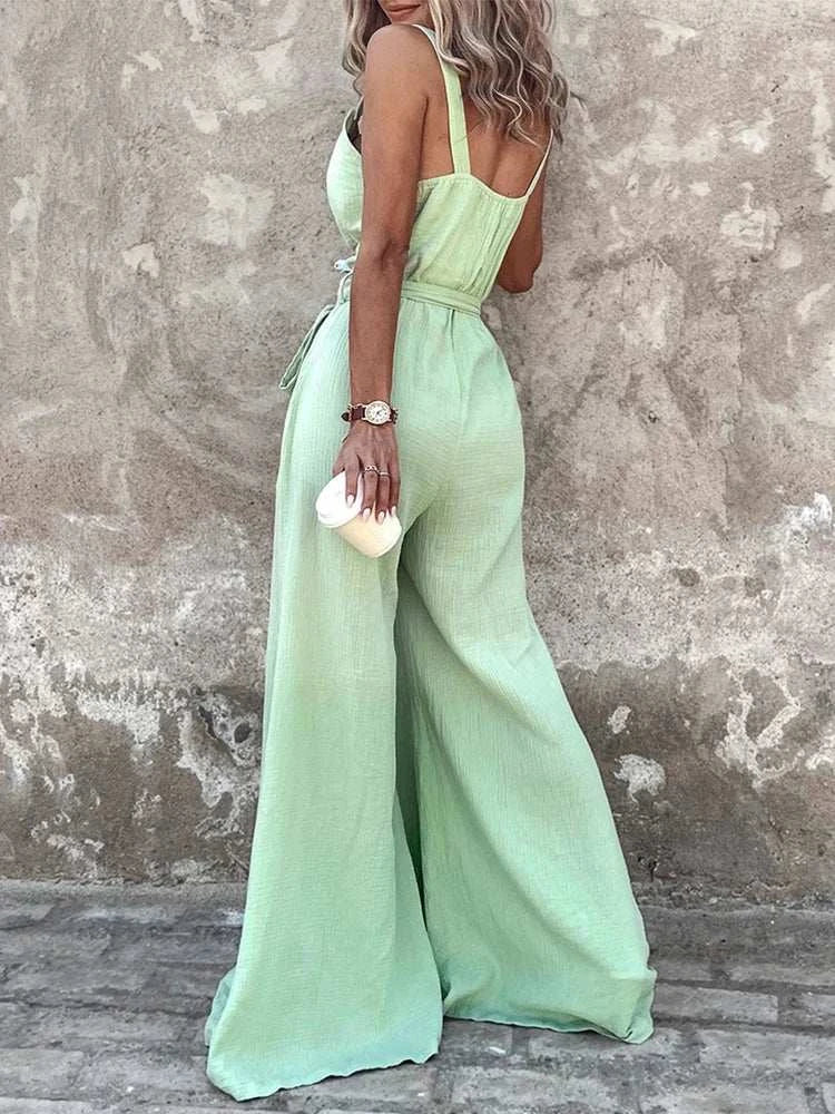 Buttoned Sleeveless Tied Detail Jumpsuit