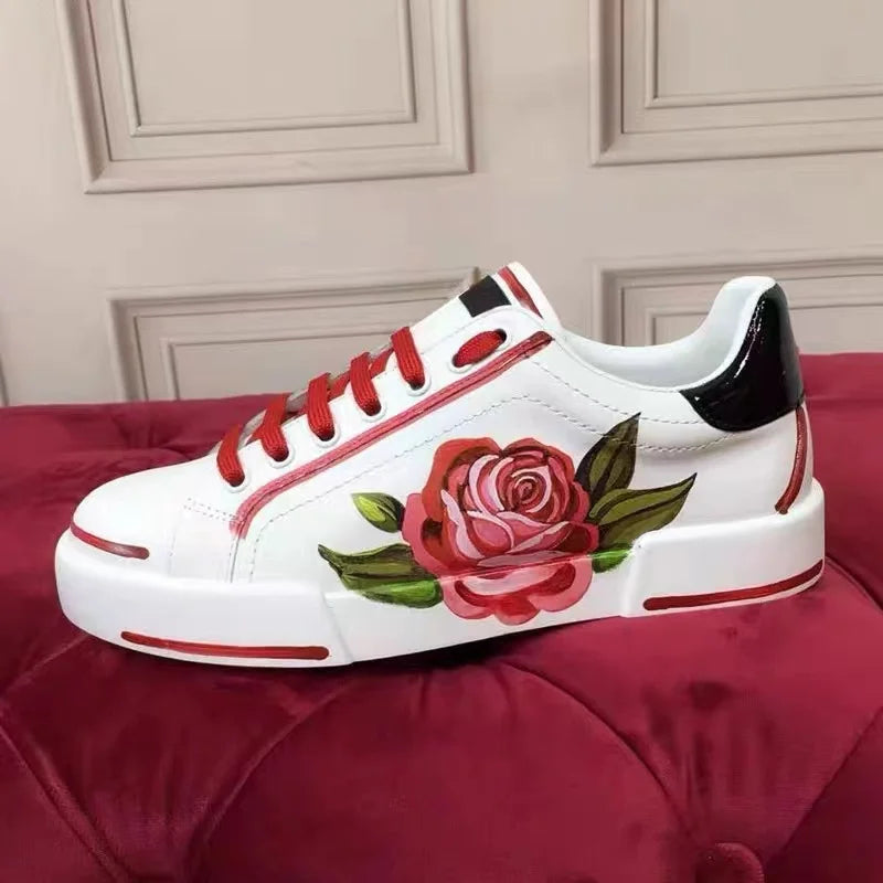 Women's Flats Casual Shoes White Sports Shoes Rose Flowers Appliques