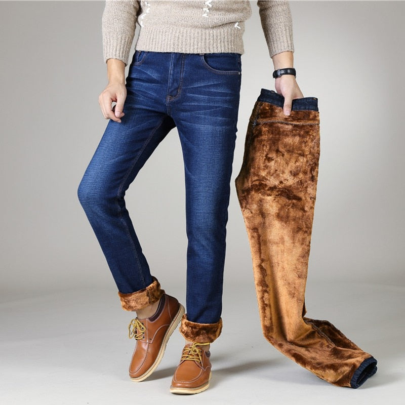 Men's Fleece Warm Jeans Classic Thick Denim Stretch Slim Fit Jeans