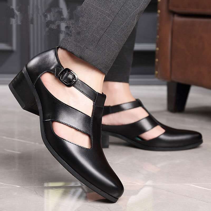 Men's Sandals New PU Leather Hollow High Heels Shoes Buckle Strap Closed - Acapparelstore