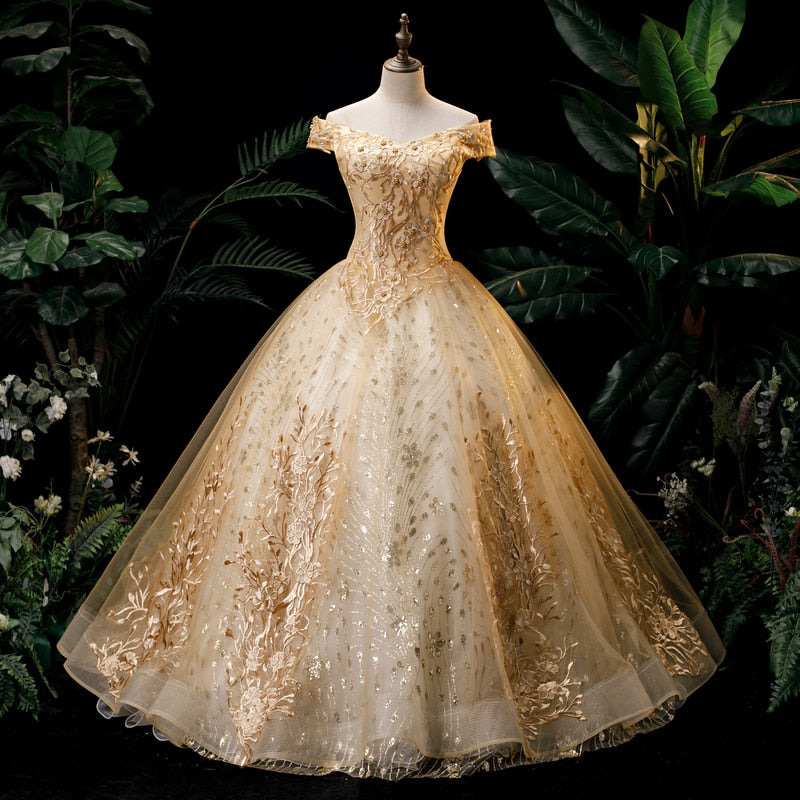 Women's Gold Quinceanera Wedding Dress Off Shoulder Party Dress