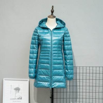 Long Down Jackets Women's Ultra-Light Hooded Duck Down Coat