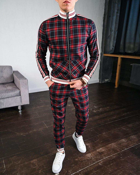 Men's Tracksuit Two-piece Striped Lattice Slim Fit Tracksuit