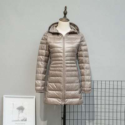 Long Down Jackets Women's Ultra-Light Hooded Duck Down Coat