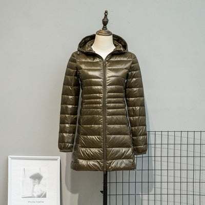 Long Down Jackets Women's Ultra-Light Hooded Duck Down Coat