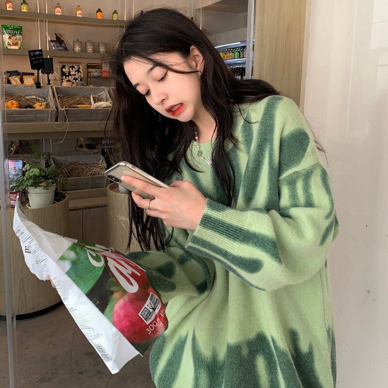 Print Knitted Sweater Women Elegant Green Striped Pullovers Sweater - Acapparelstore