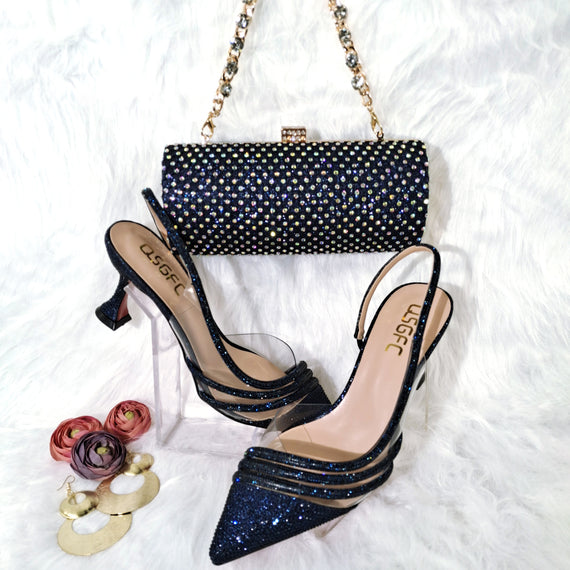 Comfortable Women's Streamline Shoes Pointed Shiny Diamond Shoes Bag