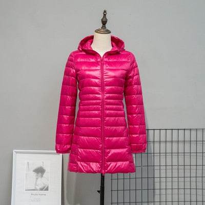 Long Down Jackets Women's Ultra-Light Hooded Duck Down Coat