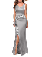Women's V Neck Satin Ruffles Elegant Bridesmaid Formal Gowns - Acapparelstore