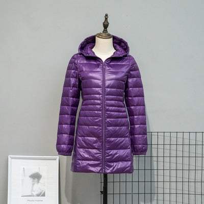 Long Down Jackets Women's Ultra-Light Hooded Duck Down Coat