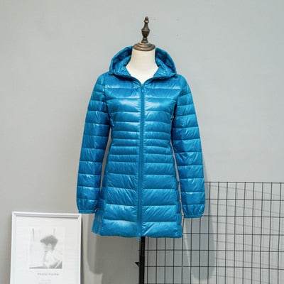 Long Down Jackets Women's Ultra-Light Hooded Duck Down Coat