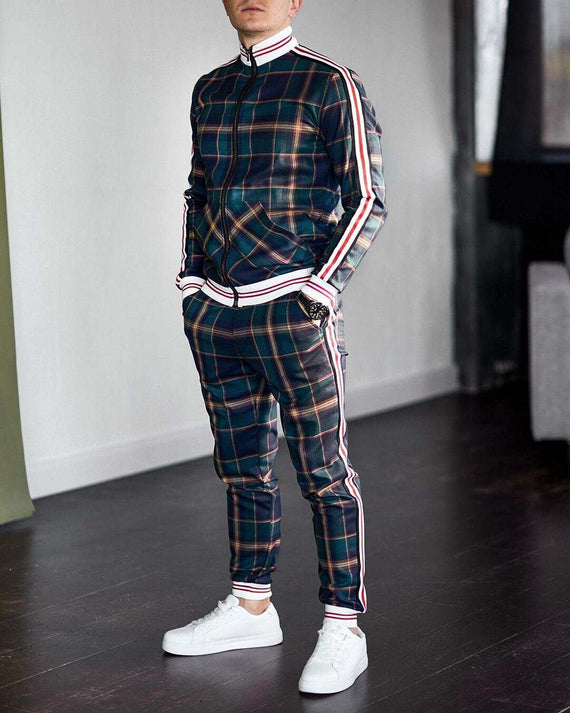 Men's Tracksuit Two-piece Striped Lattice Slim Fit Tracksuit