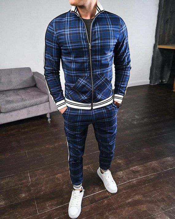 Men's Tracksuit Two-piece Striped Lattice Slim Fit Tracksuit
