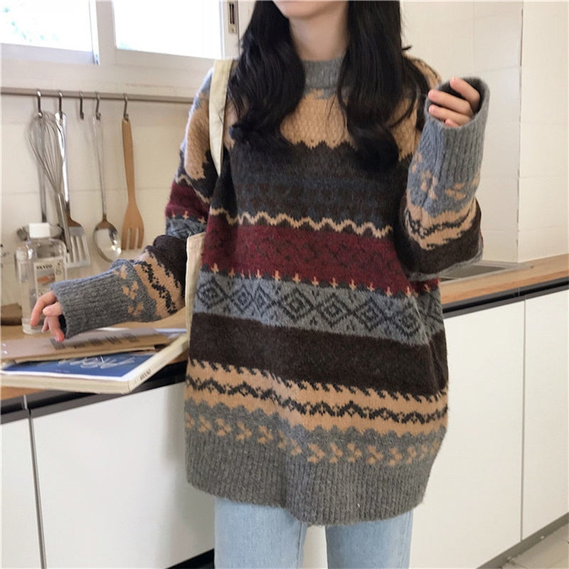 Vintage Sweater Women Knitted Pullovers Striped Winter Streetwear - Acapparelstore