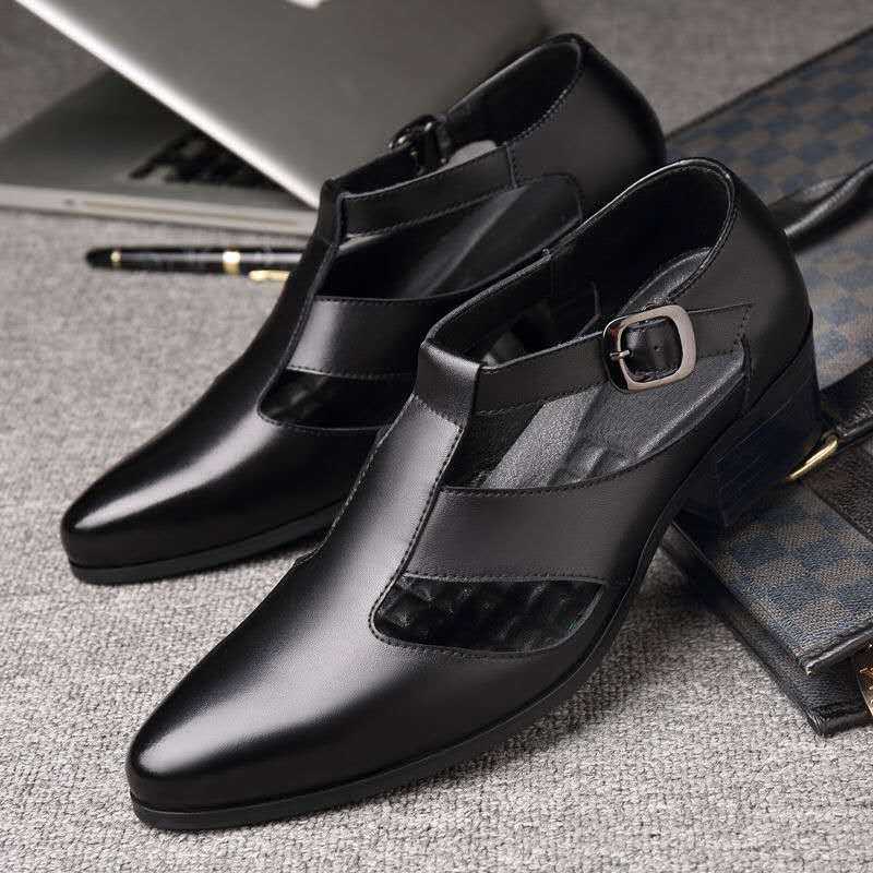 Men's Sandals New PU Leather Hollow High Heels Shoes Buckle Strap Closed