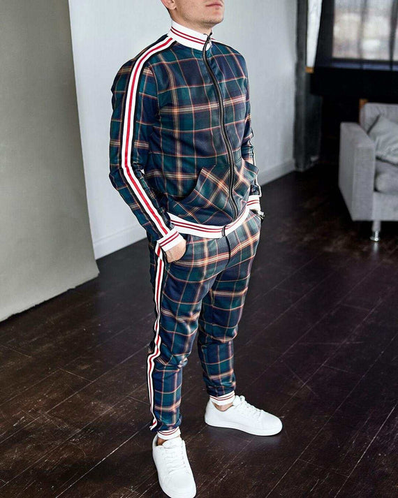 Men's Tracksuit Two-piece Striped Lattice Slim Fit Tracksuit