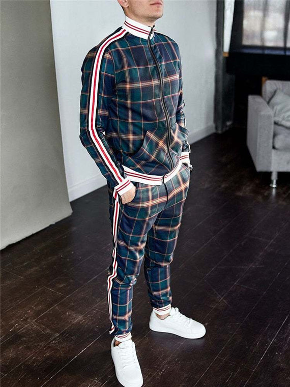 Men's Tracksuit Two-piece Striped Lattice Slim Fit Tracksuit