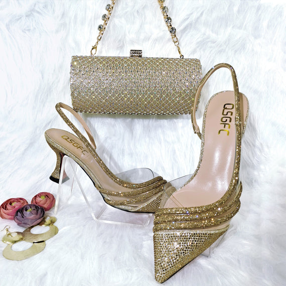 Comfortable Women's Streamline Shoes Pointed Shiny Diamond Shoes Bag