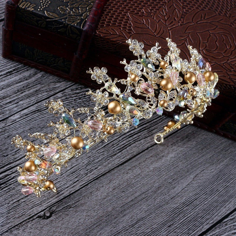 Brides Hair Jewelry Baroque Handmade Beaded Pink Gold Color Crowns - Acapparelstore