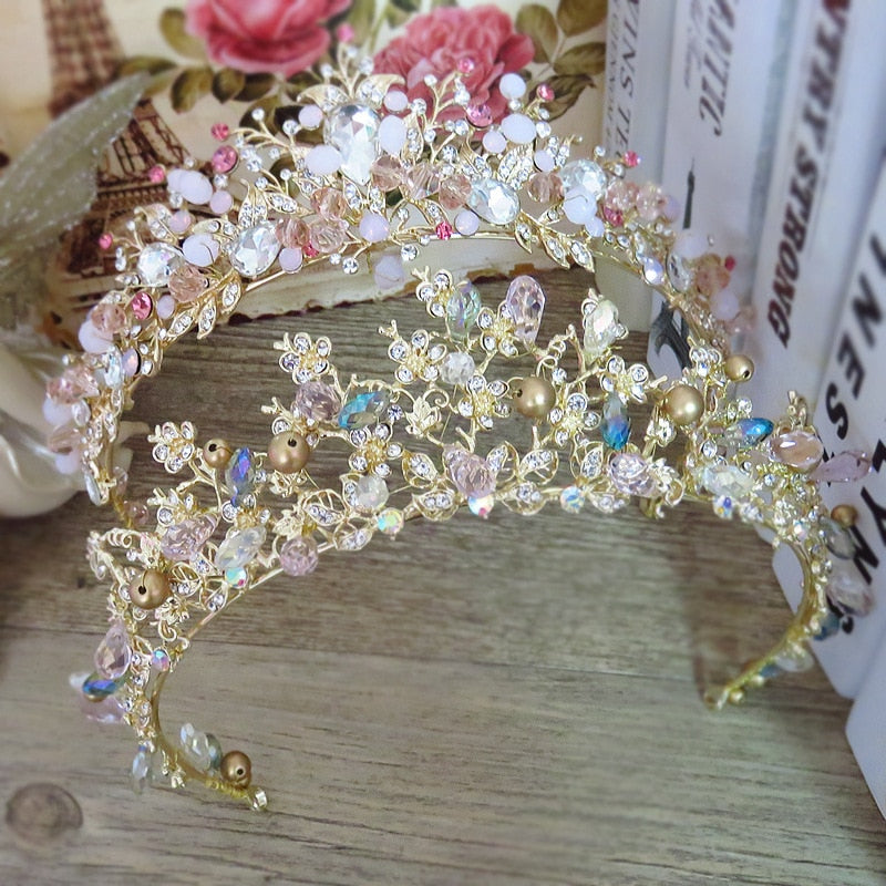Brides Hair Jewelry Baroque Handmade Beaded Pink Gold Color Crowns - Acapparelstore