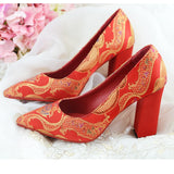 Women's Gold Pattern Red Wedding Shoes Square Chunky Heel Pointed Toe