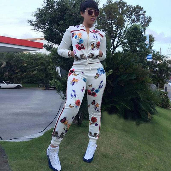 Two Piece Suit Print Butterfly Women's Flower Tracksuit Runway Jacket