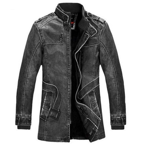 High-Quality Leather Jacket Men's Slim Warm Washed Leather Coat