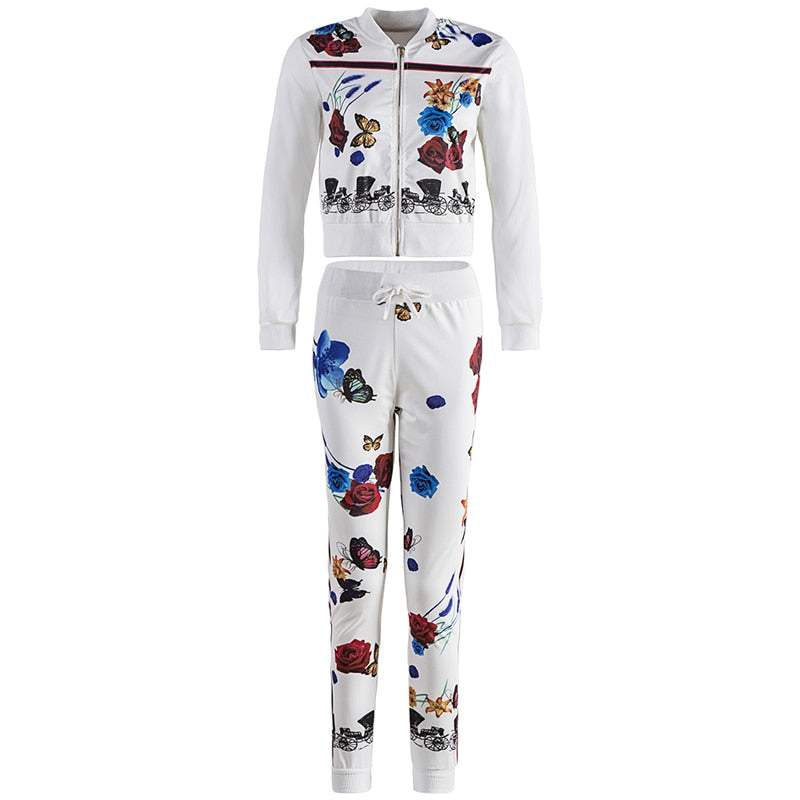 Two Piece Suit Print Butterfly Women's Flower Tracksuit Runway Jacket