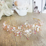 Brides Hair Jewelry Baroque Handmade Beaded Pink Gold Color Crowns