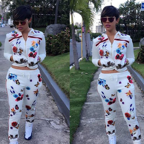 Two Piece Suit Print Butterfly Women's Flower Tracksuit Runway Jacket