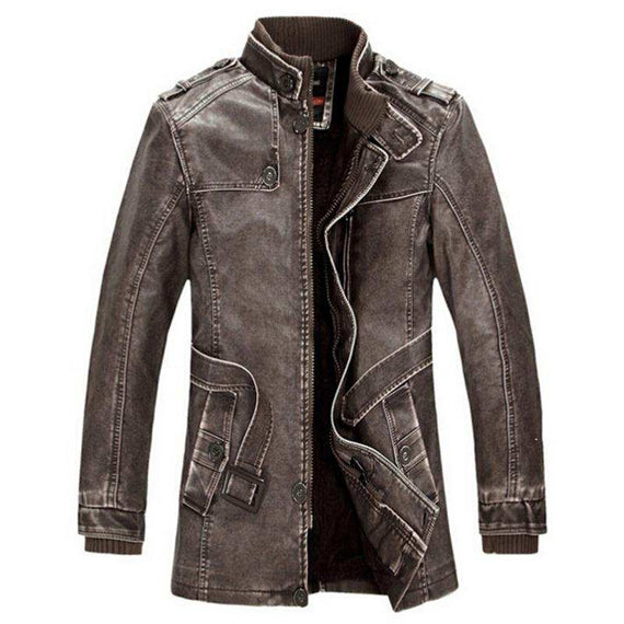 High-Quality Leather Jacket Men's Slim Warm Washed Leather Coat