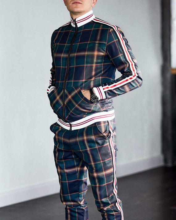 Men's Tracksuit Two-piece Striped Lattice Slim Fit Tracksuit